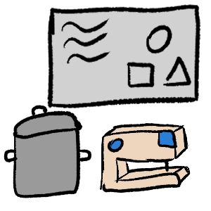  in the top left is a whiteboard with scribbles and shapes, beneath that on the left is a silver pot and to the left of that is a tan sewing machine